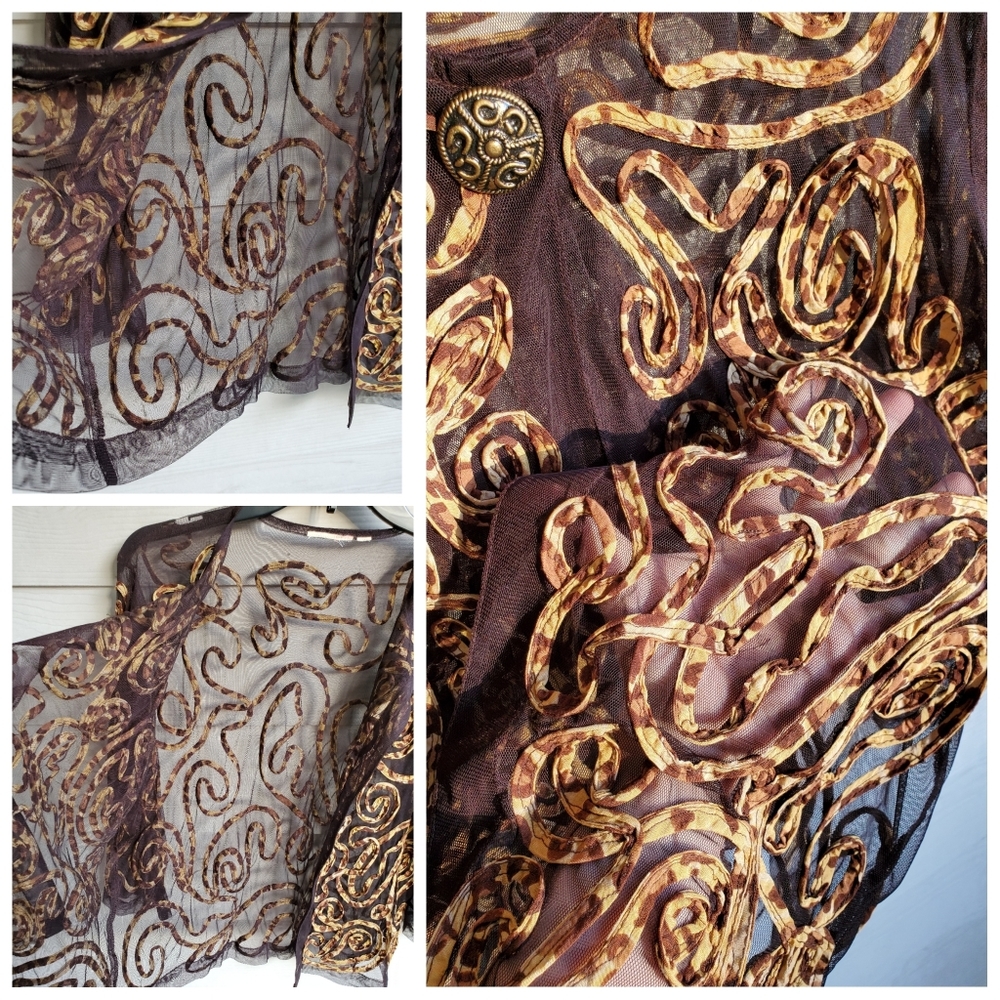 Chico's Brown Sheer Mesh Summer Cardigan w/Sewn-on Animal Print Leopard Swirls - Picture 10 of 16
